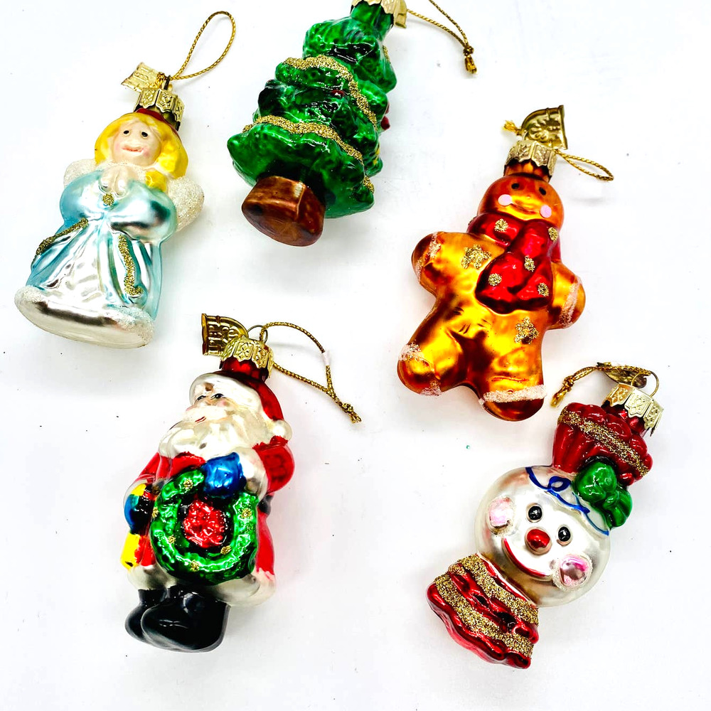 Thomas Pacconi Glass Ornaments SET-5 Angel/ Snowman/Tree/Santa/Gingerbread Man